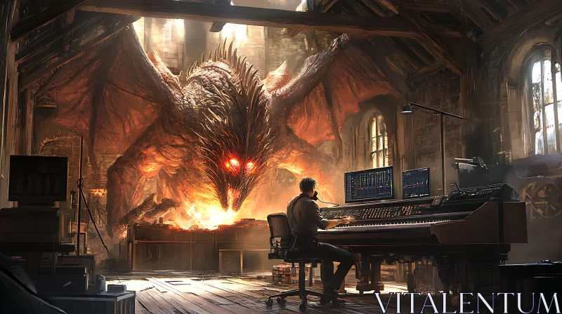 AI ART Man Composing Music with Fiery Dragon