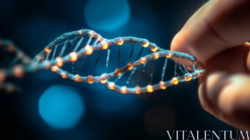 Delicate DNA Strand Held by Hand on Blue Background AI Image