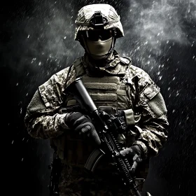 Camouflaged Soldier in the Rain