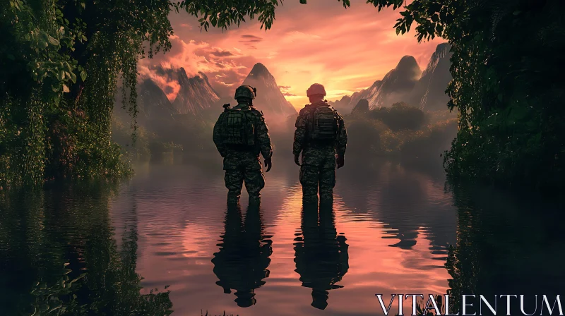 Tranquil Reflection of Soldiers at Sunset AI Image