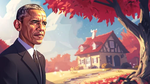 Barack Obama in Front of Autumn Cottage