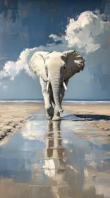 Elephant and Reflection on Beach