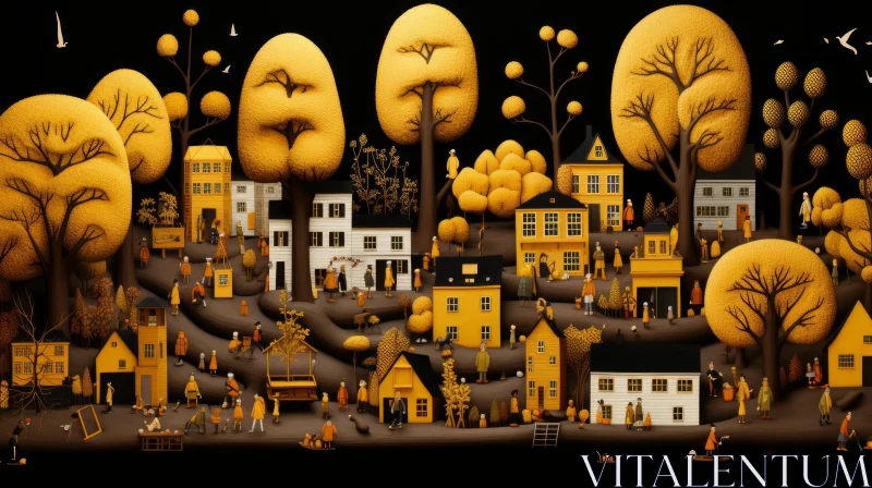 Illustrative Folk Art: Black and Yellow Panoramic Village AI Image