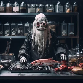 Masked Man Cooking Fish in Surreal Setting