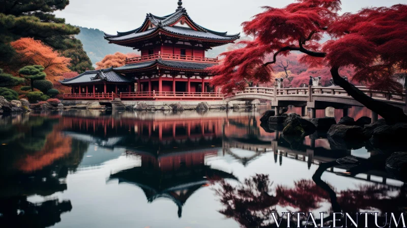 Red Japanese Pagoda Reflection - A Blend of Classical and Anime Aesthetics AI Image