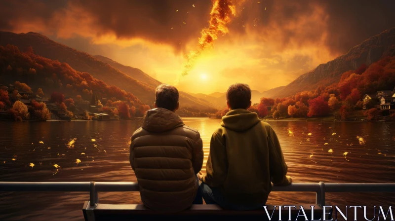 Romantic Sunset: Two Men Enjoying a Sunbeam on a Bench AI Image