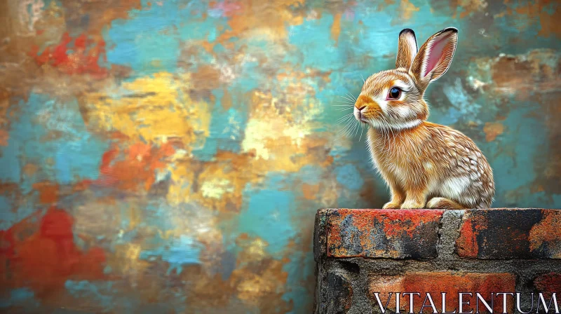 Colorful Rabbit Scene with Brick Wall AI Image