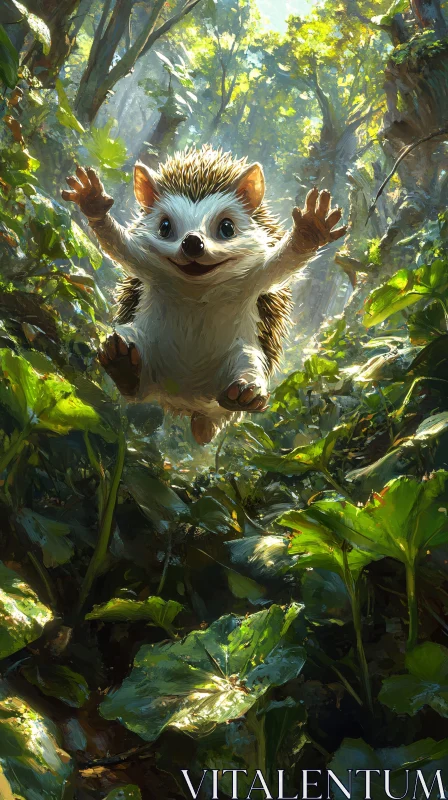 Leaping Hedgehog Amidst Greenery AI Image