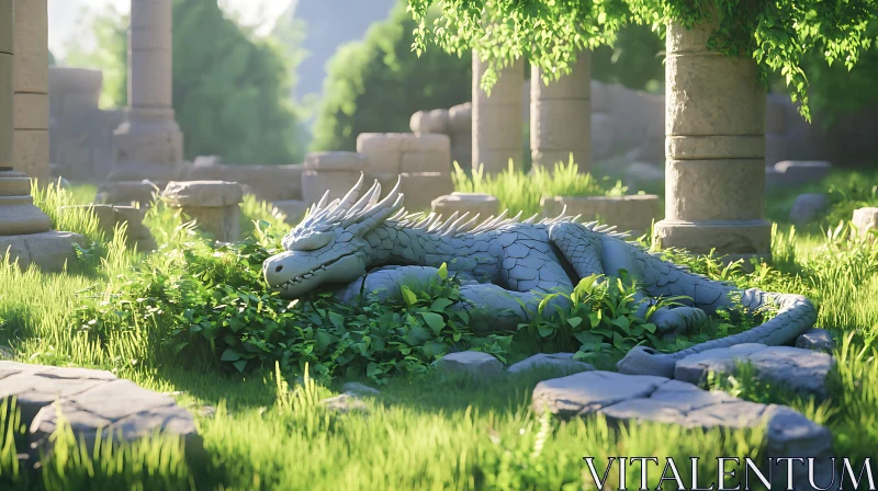 AI ART Peaceful Dragon Statue in Green Ruins