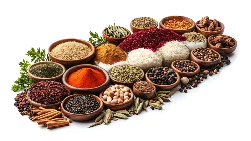 Assorted Spices and Herbs in Wooden Bowls