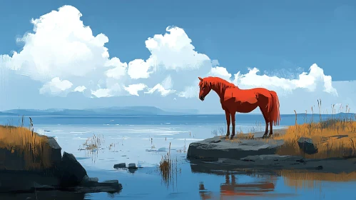 Serene Landscape with Red Horse