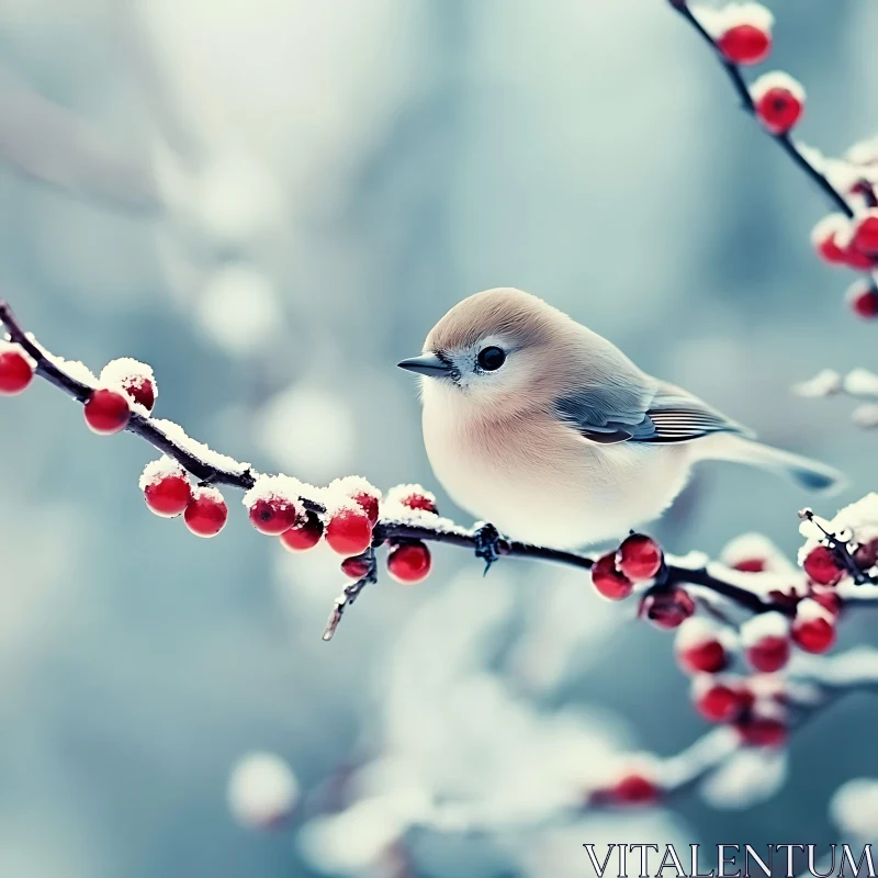 Snowy Bird with Red Berries AI Image