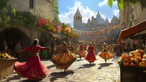 Colorful Dancers in a Bustling Town Square