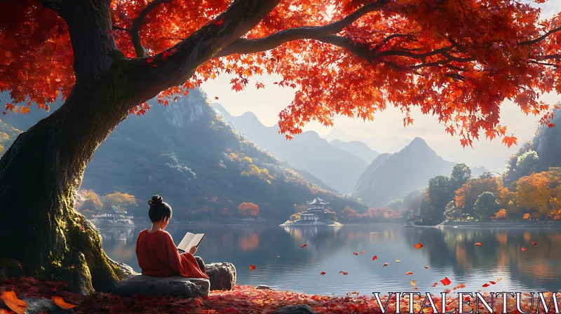 Peaceful Lakeside Reading in Autumn AI Image