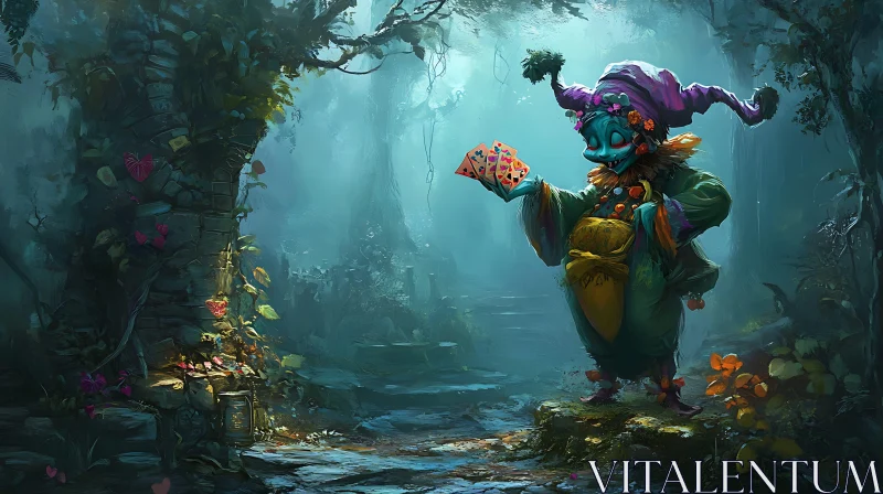 AI ART Enigmatic Jester in a Misty Forest