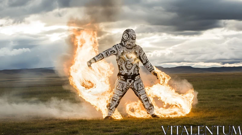 Technological Figure Wielding Fire in Open Landscape AI Image