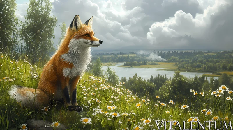 Serene Fox and Daisies AI Image