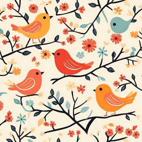 Stylized Birds on Floral Branches