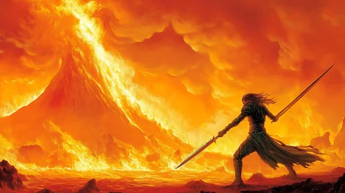Lone Warrior Battling Near Erupting Volcano
