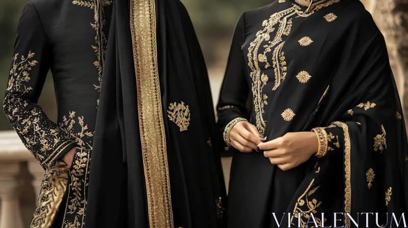 AI ART Traditional Black Dress with Golden Embroidery