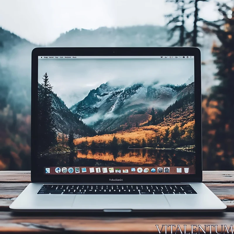 Laptop Display Featuring Mountain Landscape AI Image