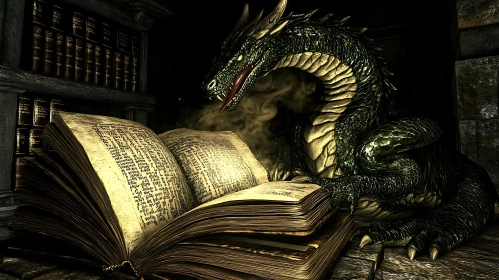 Mythical Dragon with Old Book