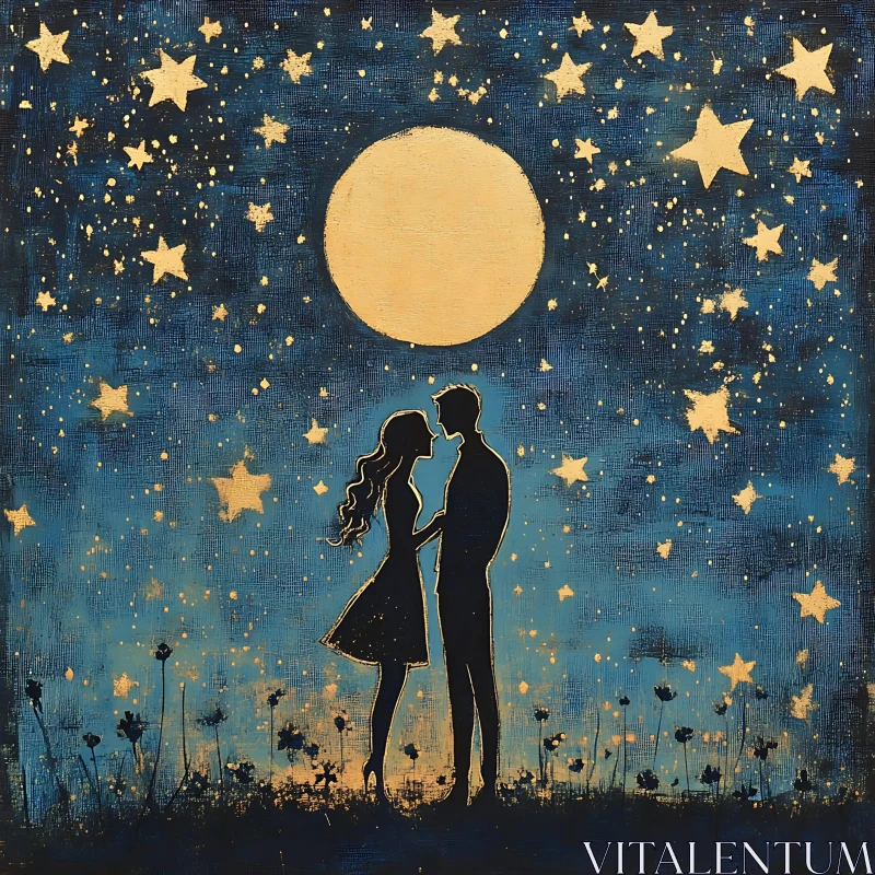 Silhouette of Lovers Beneath Celestial Stars AI Image