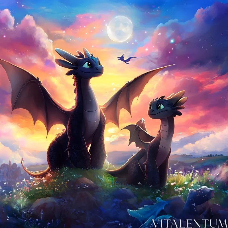 AI ART Fantasy Dragons Moonlit Scene