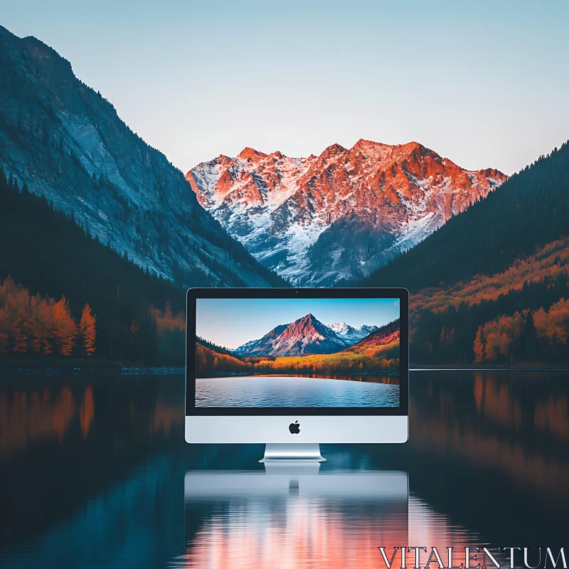 Autumn Landscape on Computer Screen Against Snowy Peaks AI Image