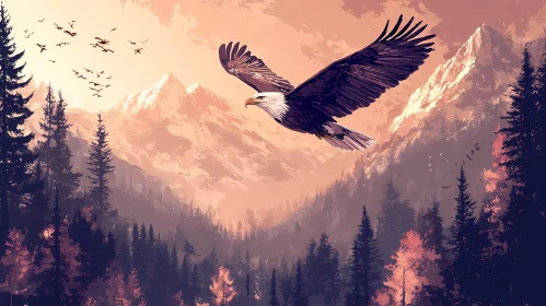 Eagle in Flight Over a Forested Mountain Range