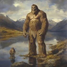 Sasquatch Portrait Near Mountain Lake