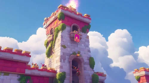 Stylized Castle Tower with Clouds