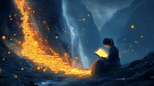 Luminous Book by Magical Waterfall