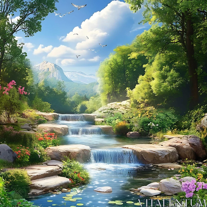 Tranquil Waterfall in a Verdant Forest Setting AI Image