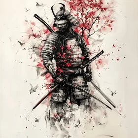 Monochrome Samurai with Red Floral Details