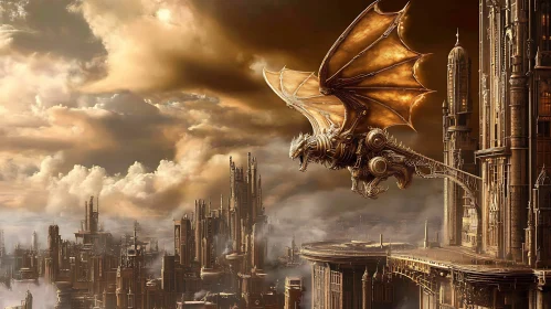 Mechanical Dragon in Steampunk City