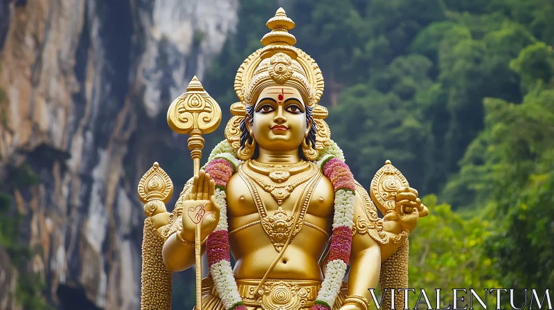 Golden Hindu God Statue with Flowers AI Image