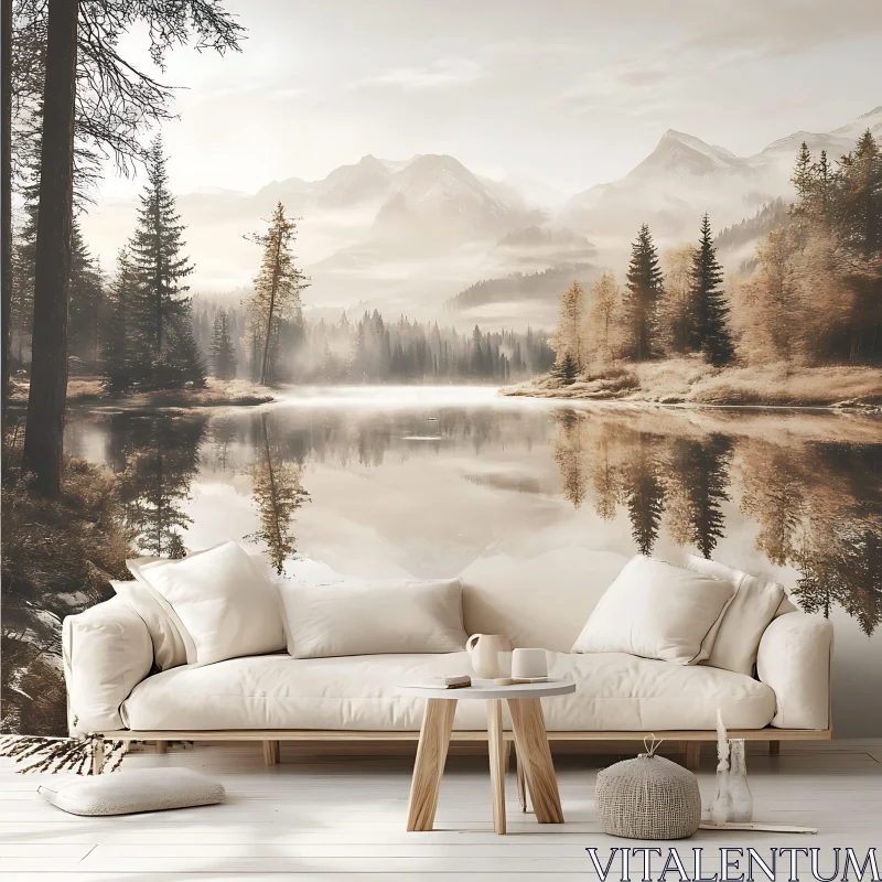 Serene Lake and Forest Landscape from Cozy Living Room AI Image