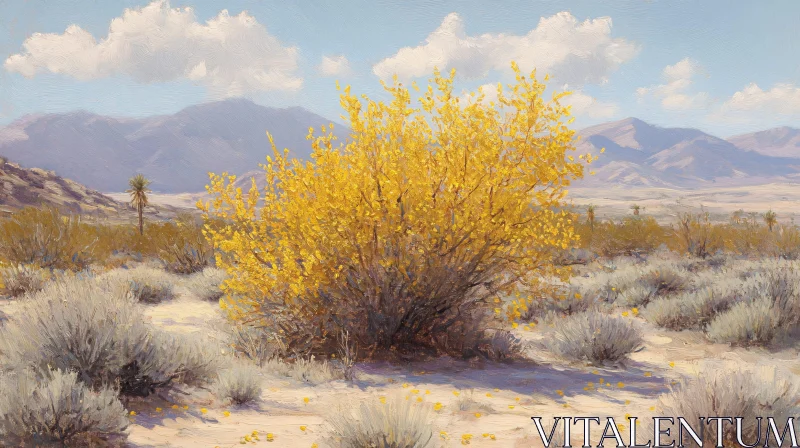 Blooming Yellow Bush in a Vast Desert Setting AI Image