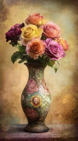 Vintage Vase with Multicolored Roses