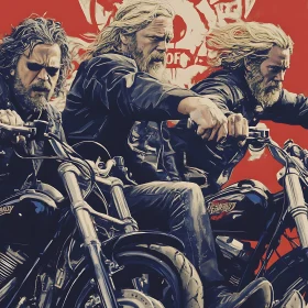 Bikers on Motorcycles with Red Backdrop