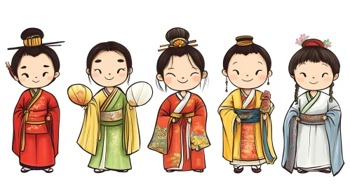 Cartoon Kids in Traditional Chinese Clothes