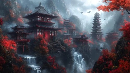 Red Foliage and Waterfalls in Asian Temples