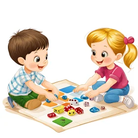 Cartoon Children in Playful Board Game