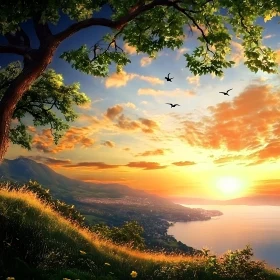 Peaceful Sunset Over Mountain Lake