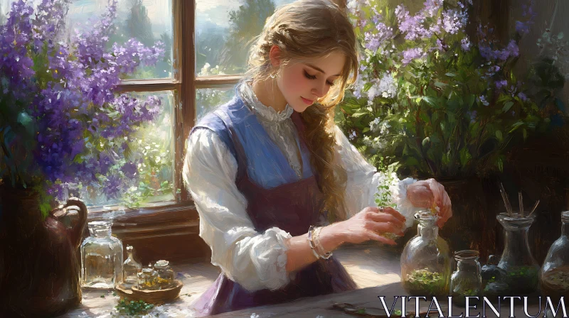 AI ART Woman Arranging Flowers in Bottles Painting