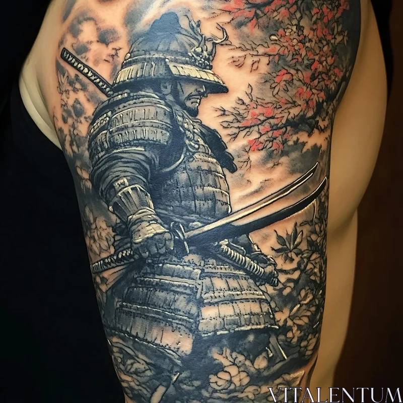 AI ART Arm Tattoo: Samurai with Swords and Flowers