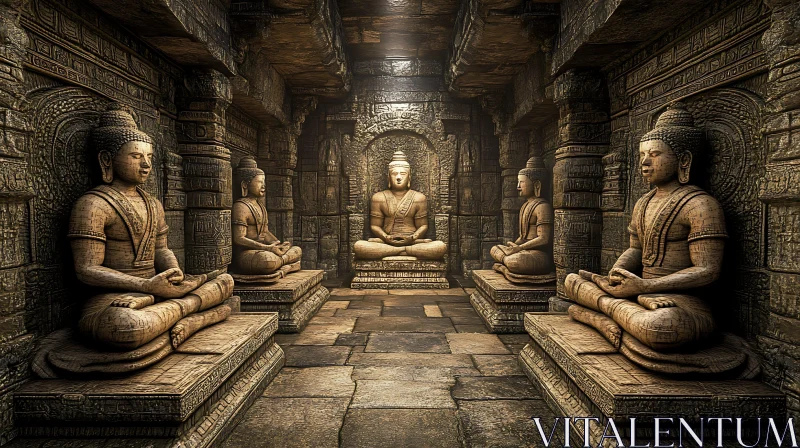 Meditative Stone Buddhas in Temple Interior AI Image