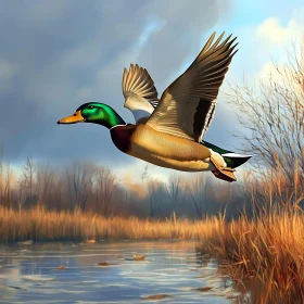 Flying Mallard Duck Above the Lake