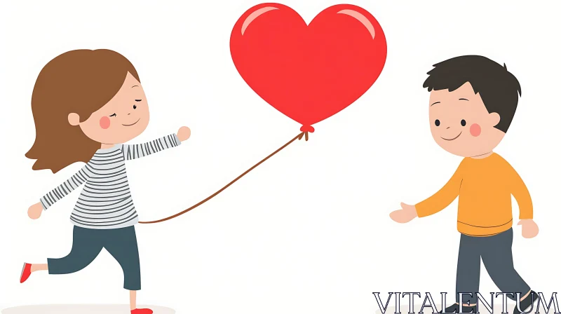 AI ART Cartoon Kids Sharing a Heart Balloon